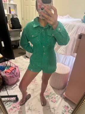 Peach Love California Green Sequin Knit Romper